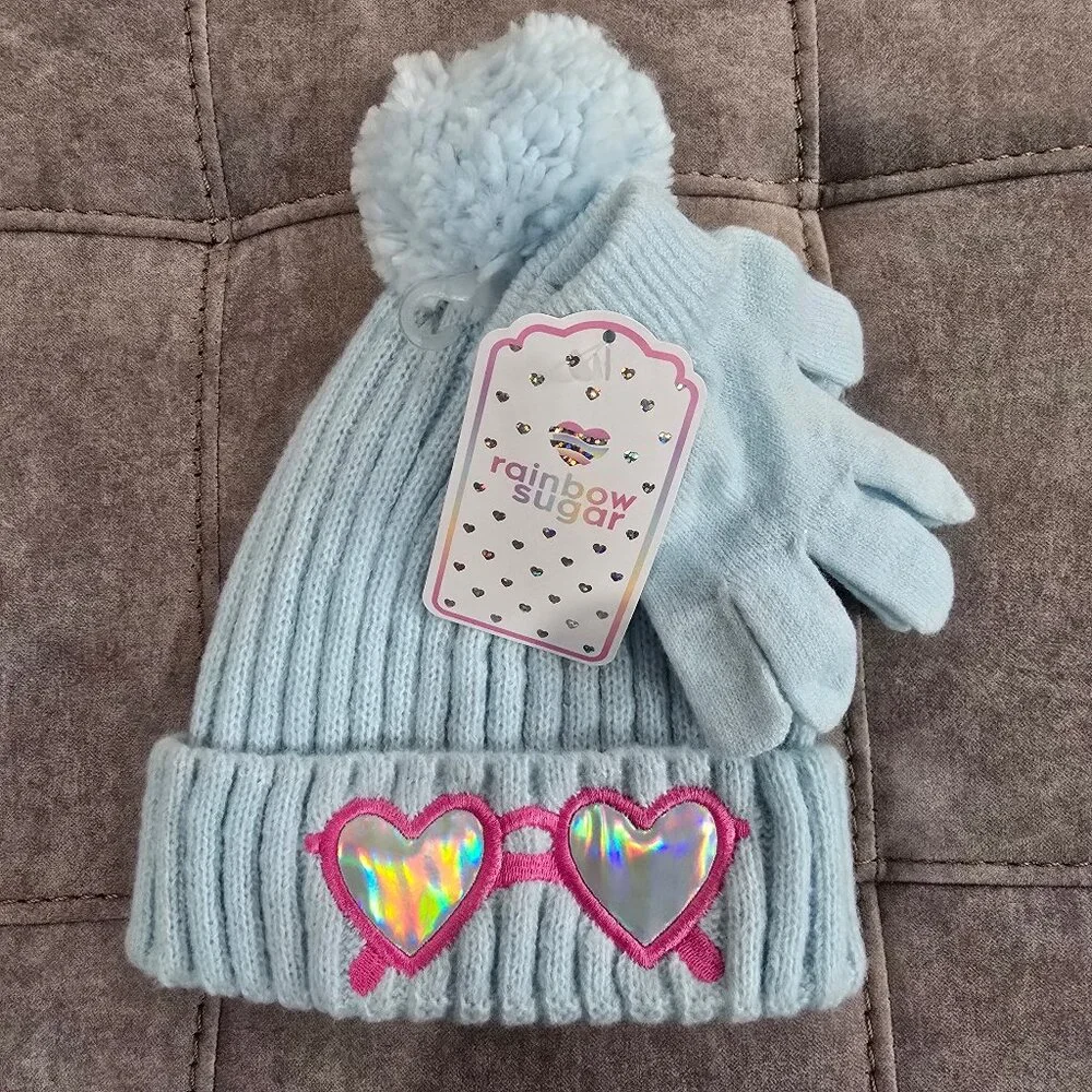NWT Rainbow Sugar Girls Hat with Patches and Gloves, 2 Piece Set
